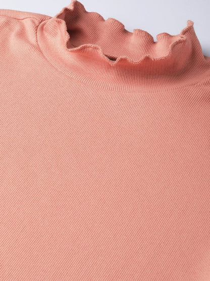 Women's Peach Rib High Neck Full Sleeve Top