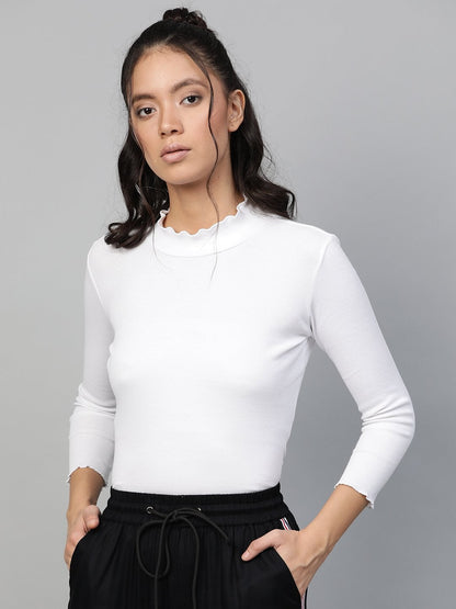 Women's White Rib High Neck Full Sleeve Top