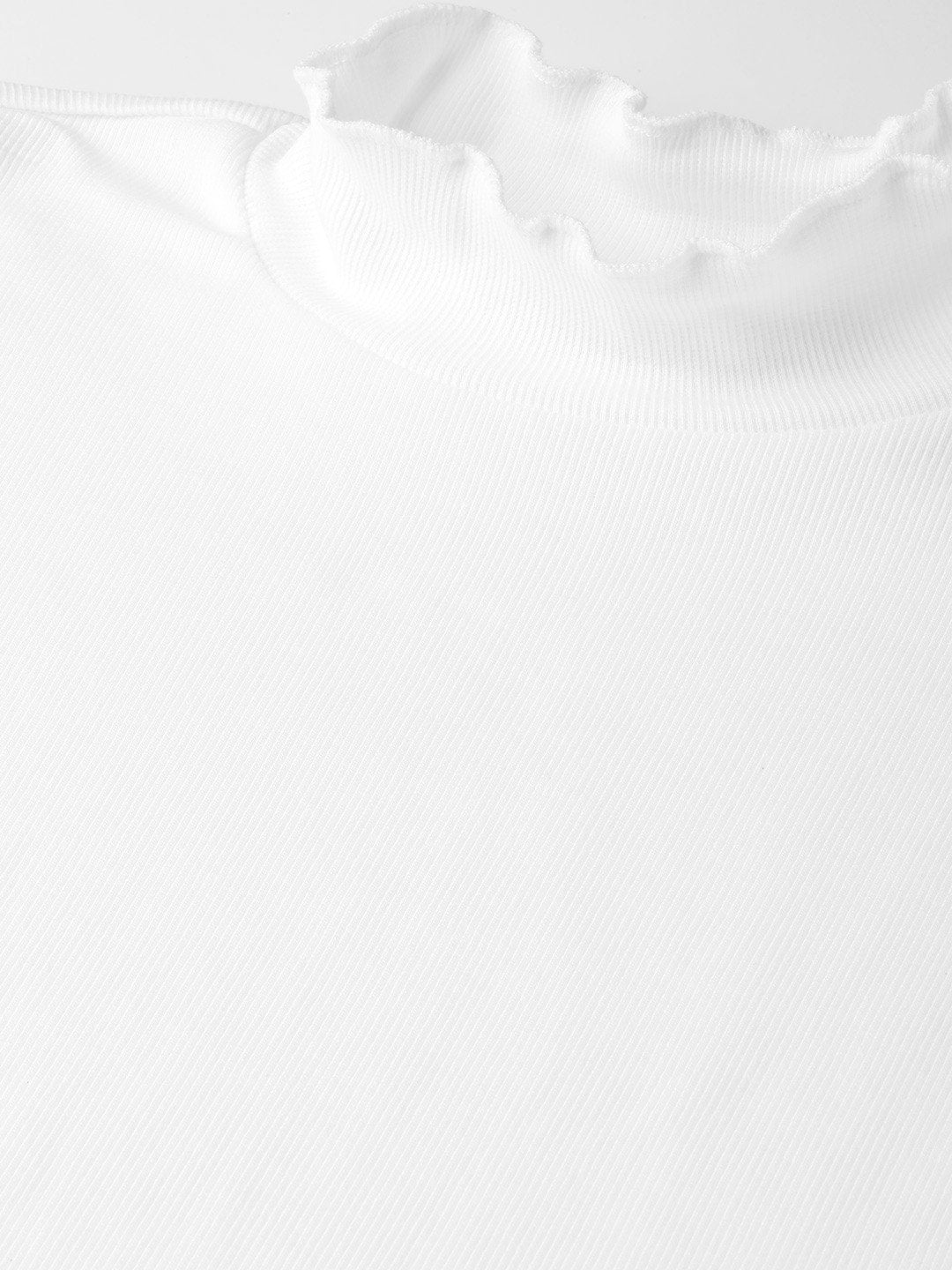 Women's White Rib High Neck Full Sleeve Top