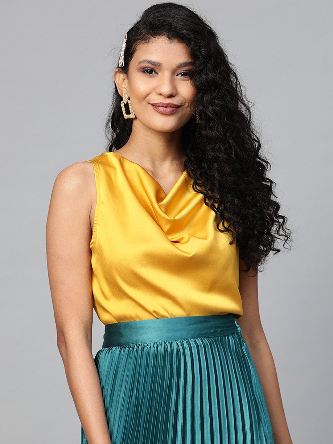 Women's Mustard Cowl Neck Satin Top