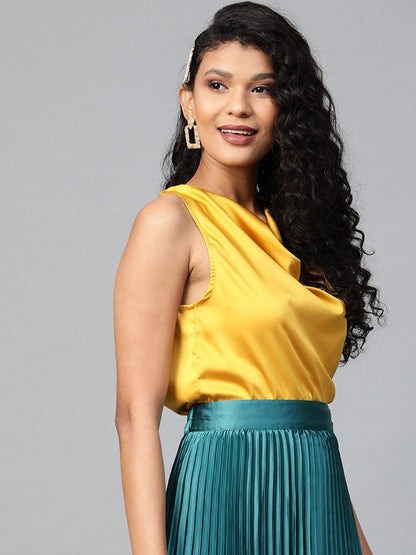 Women's Mustard Cowl Neck Satin Top