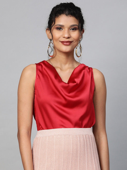 Women's Red Cowl Neck Satin Top