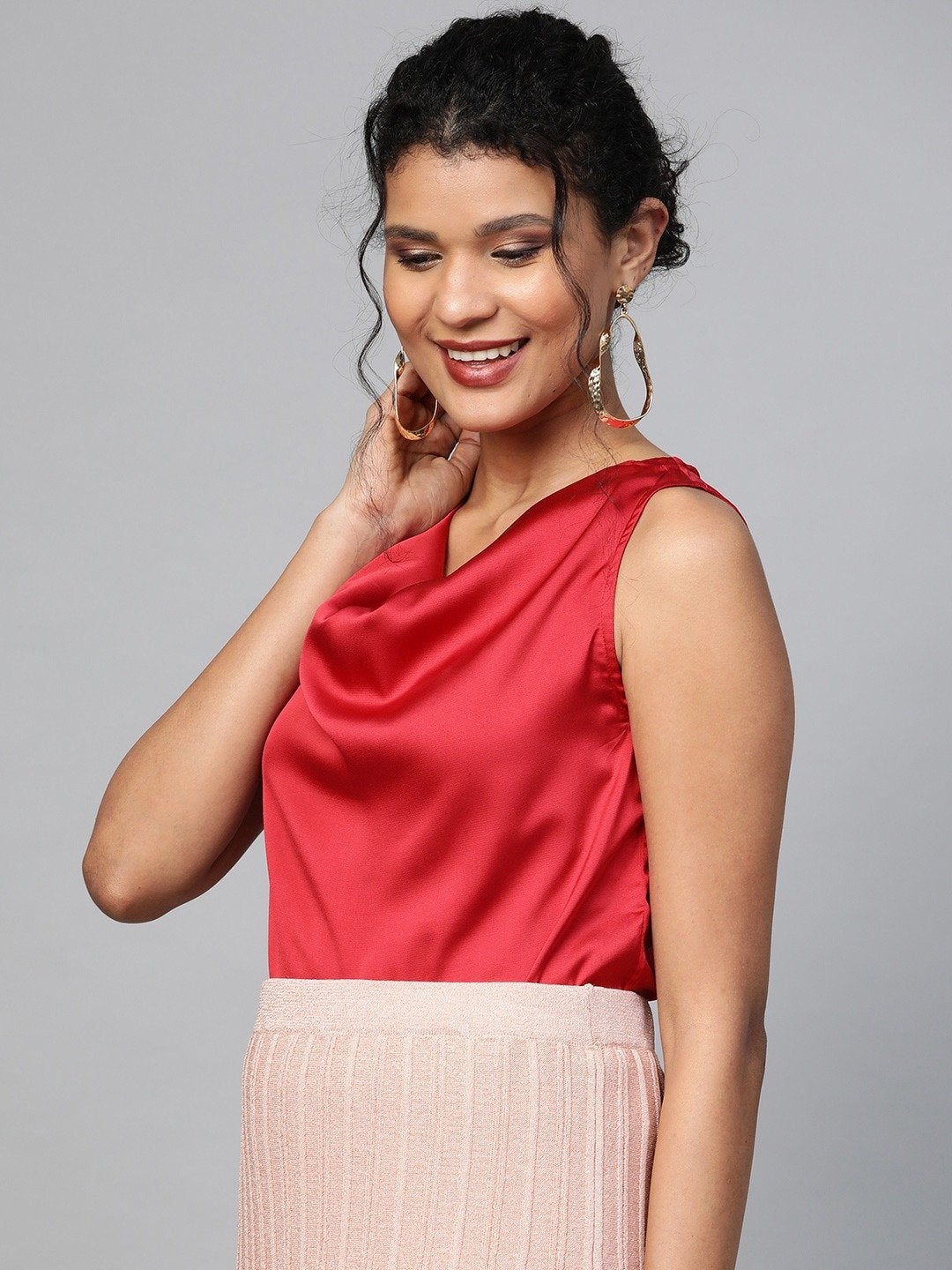 Women's Red Cowl Neck Satin Top