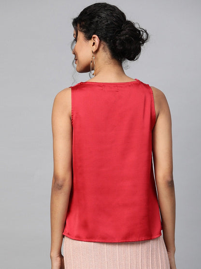 Women's Red Cowl Neck Satin Top