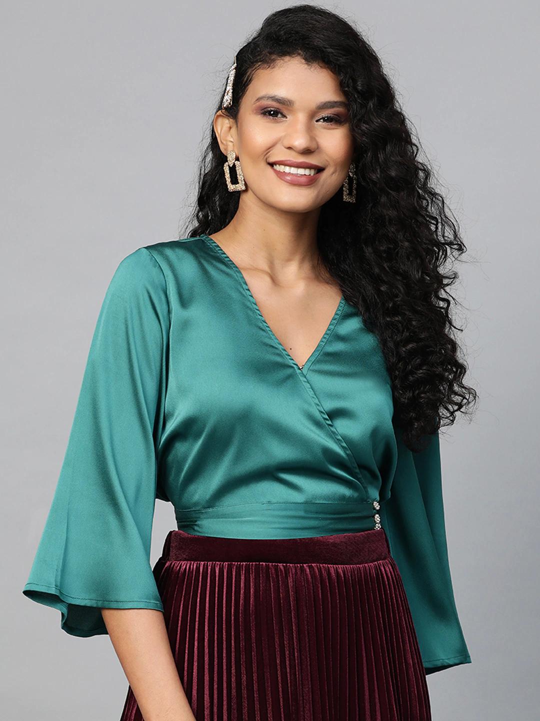 Women's Emerald Green Wrap Crop Satin Top