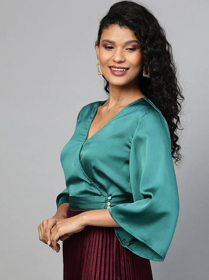 Women's Emerald Green Wrap Crop Satin Top