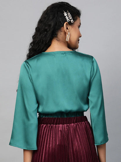 Women's Emerald Green Wrap Crop Satin Top