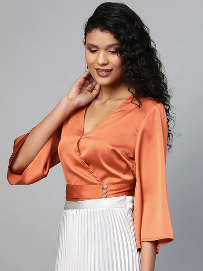 Women's Orange Wrap Crop Satin Top