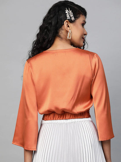 Women's Orange Wrap Crop Satin Top