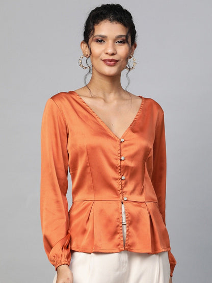 Women's Orange Front Button Peplum Satin Top