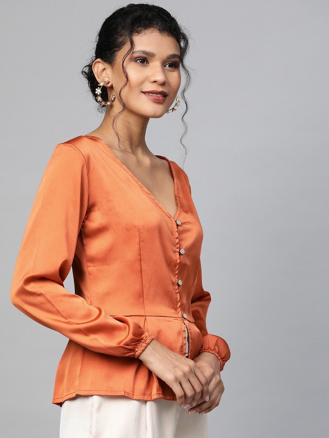 Women's Orange Front Button Peplum Satin Top