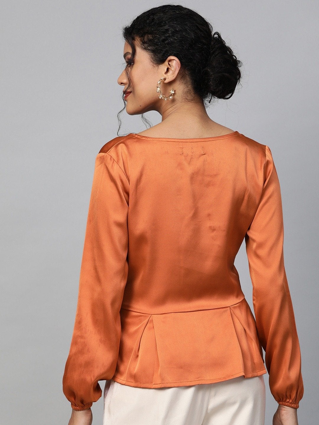 Women's Orange Front Button Peplum Satin Top