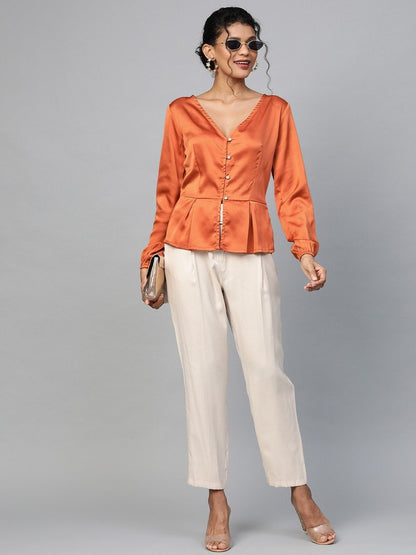 Women's Orange Front Button Peplum Satin Top