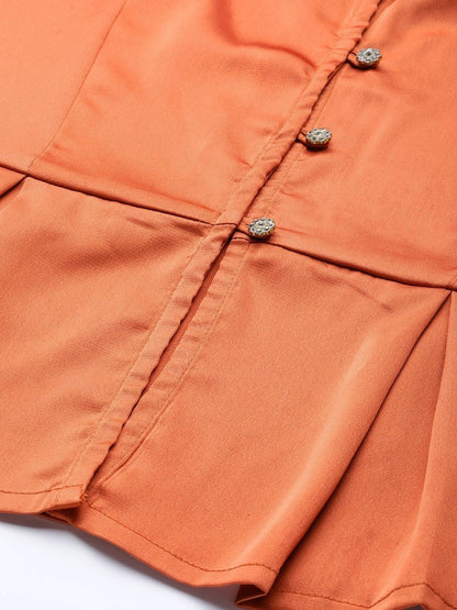Women's Orange Front Button Peplum Satin Top