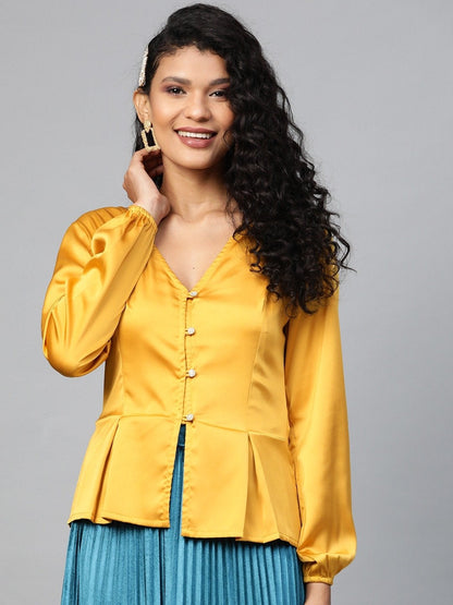 Women's Mustard Front Button Peplum Satin Top