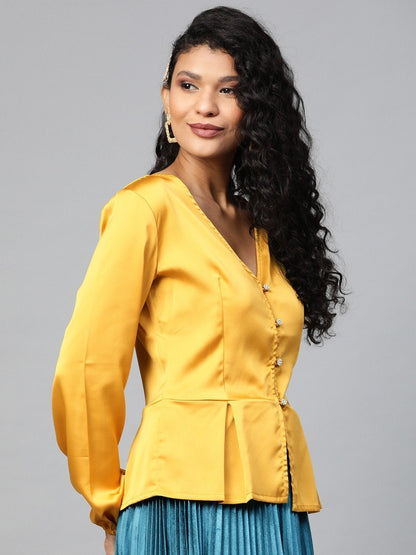 Women's Mustard Front Button Peplum Satin Top