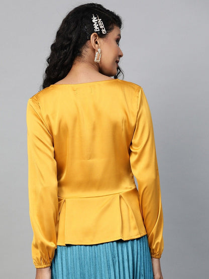 Women's Mustard Front Button Peplum Satin Top
