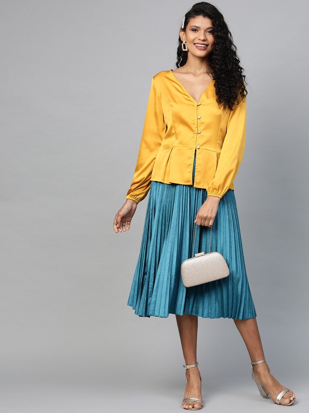 Women's Mustard Front Button Peplum Satin Top