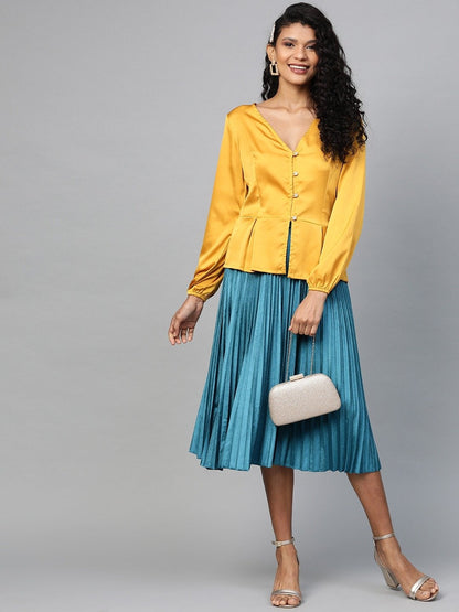 Women's Mustard Front Button Peplum Satin Top