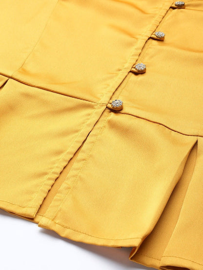 Women's Mustard Front Button Peplum Satin Top