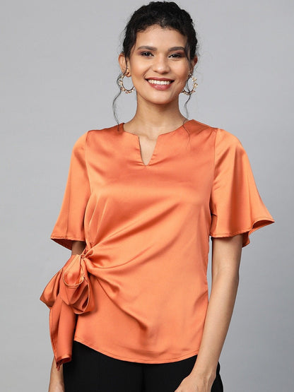 Women's Orange Side Tie Satin Top