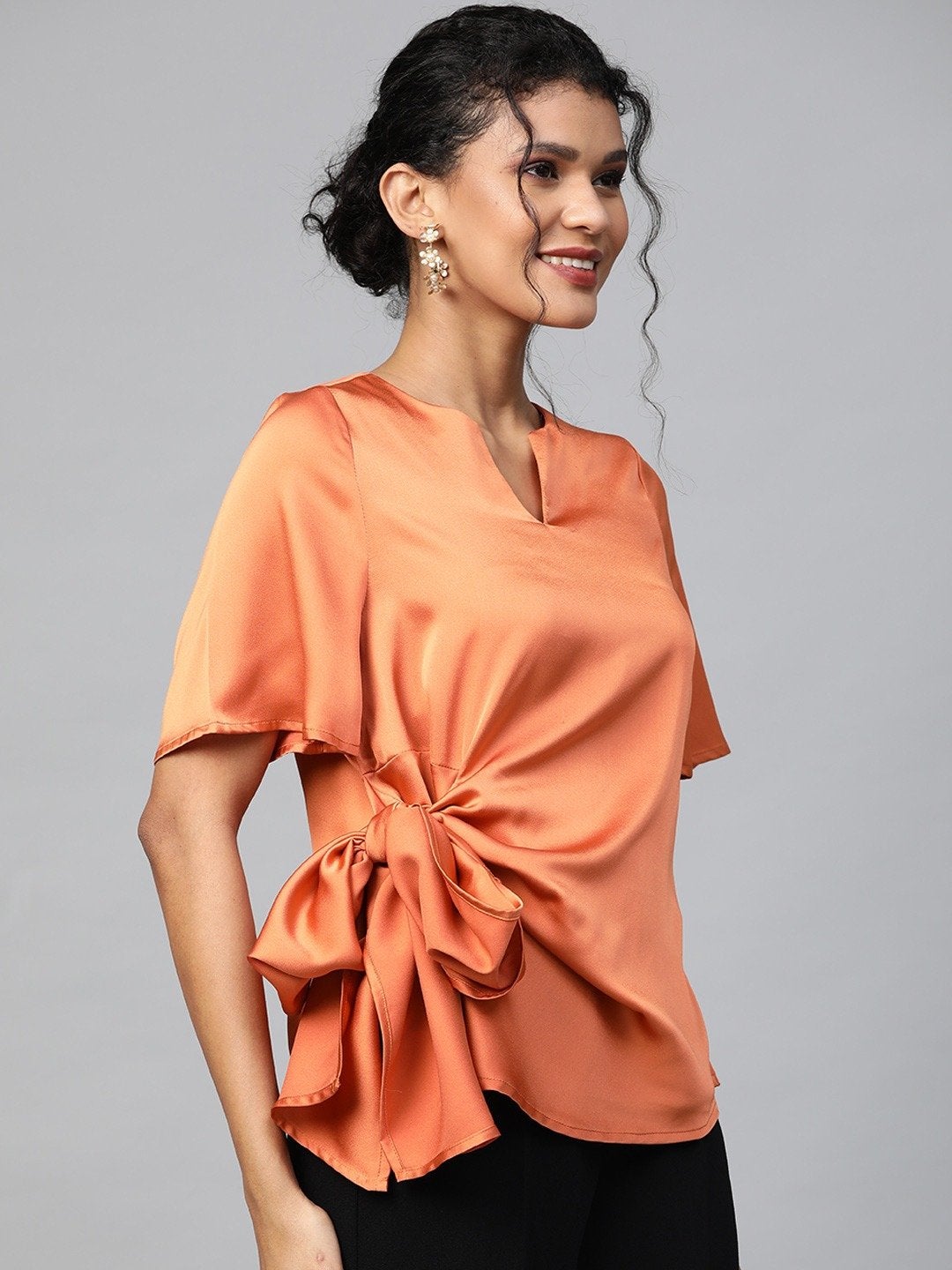 Women's Orange Side Tie Satin Top