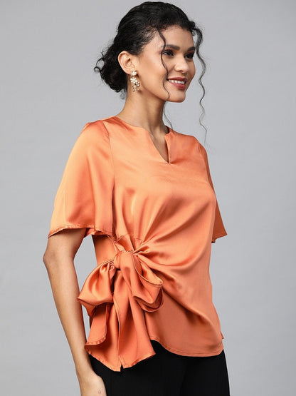 Women's Orange Side Tie Satin Top