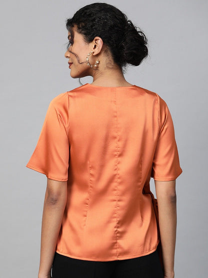 Women's Orange Side Tie Satin Top