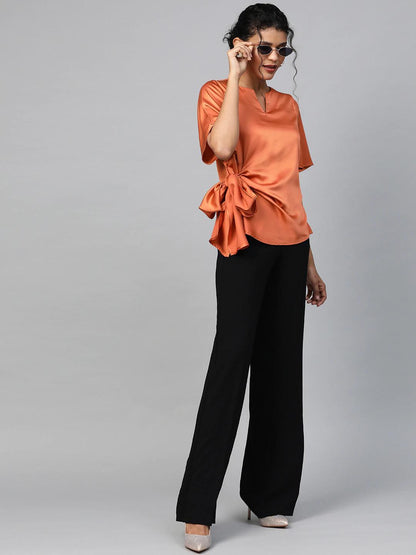Women's Orange Side Tie Satin Top