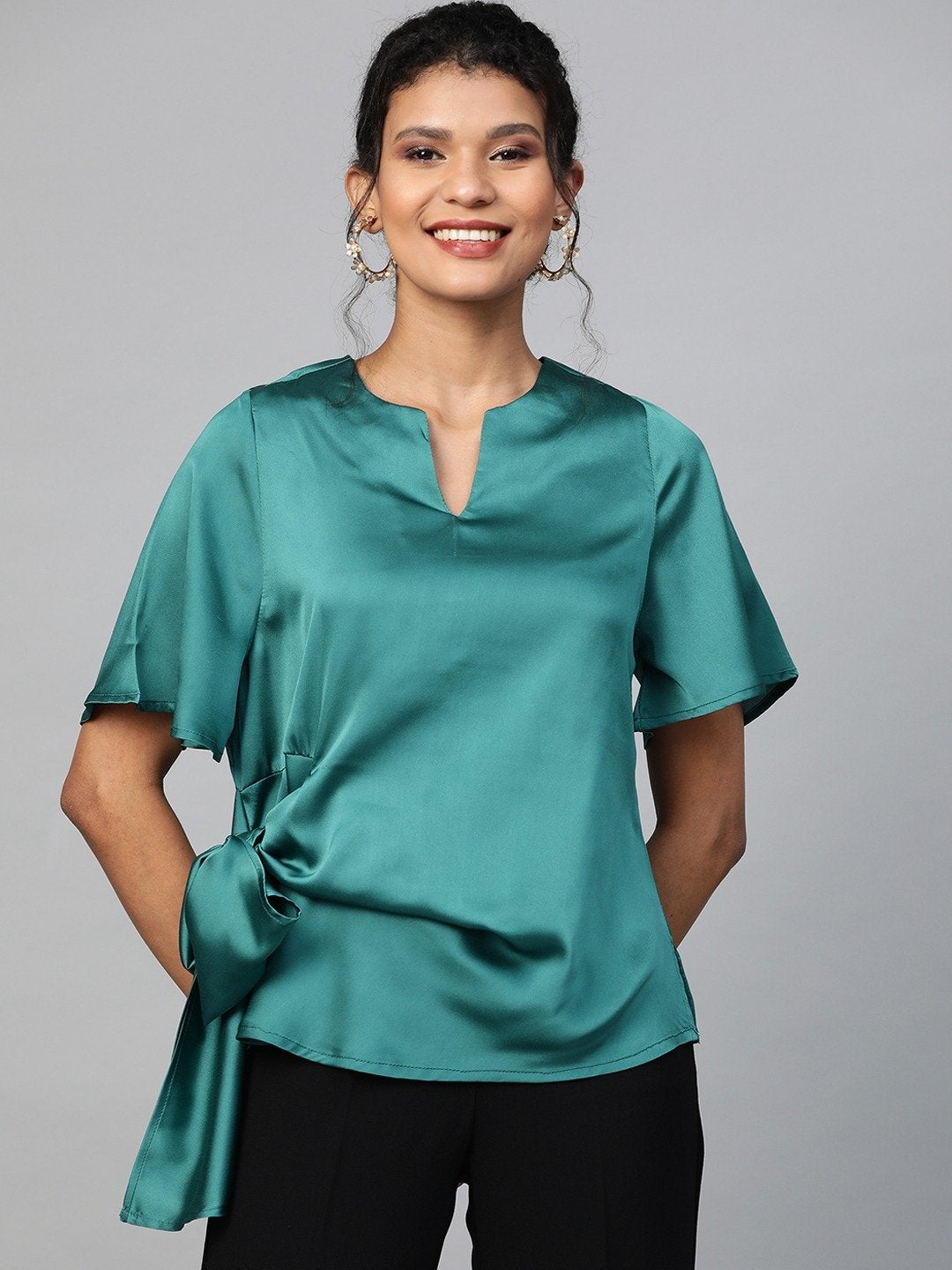 Women's Emerald Green Side Tie Satin Top