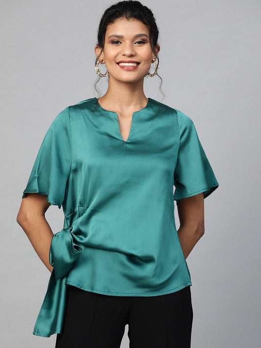 Women's Emerald Green Side Tie Satin Top