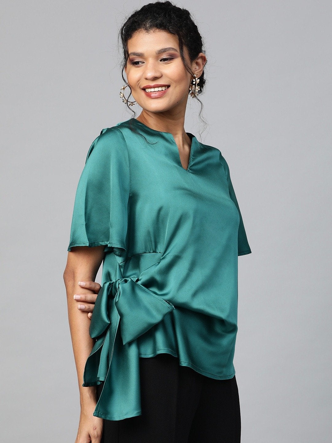 Women's Emerald Green Side Tie Satin Top