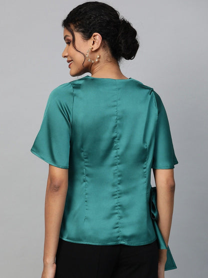 Women's Emerald Green Side Tie Satin Top