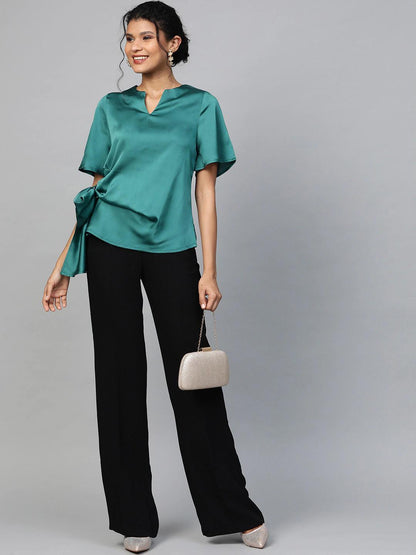 Women's Emerald Green Side Tie Satin Top