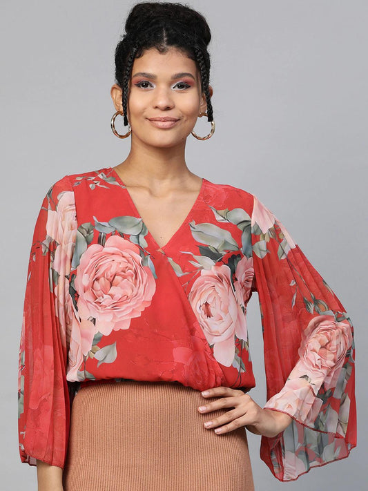 Women's Red Floral Pleated Sleeve Wrap Top