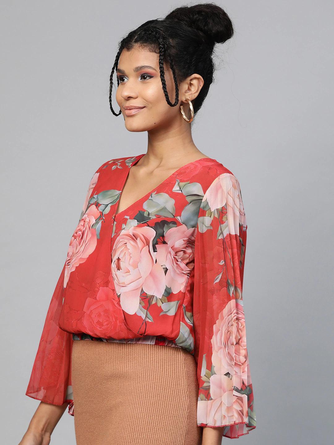 Women's Red Floral Pleated Sleeve Wrap Top