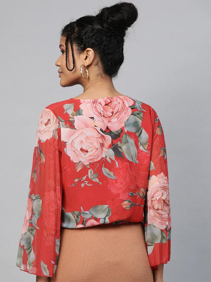 Women's Red Floral Pleated Sleeve Wrap Top