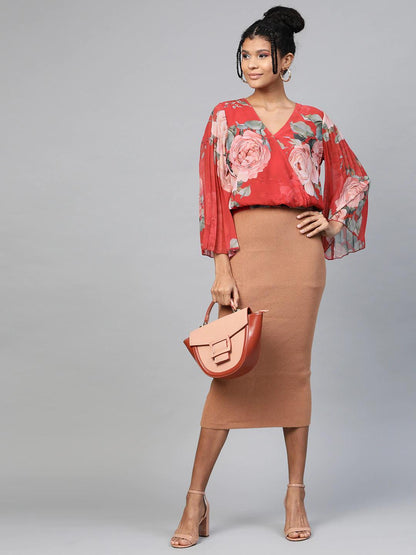 Women's Red Floral Pleated Sleeve Wrap Top