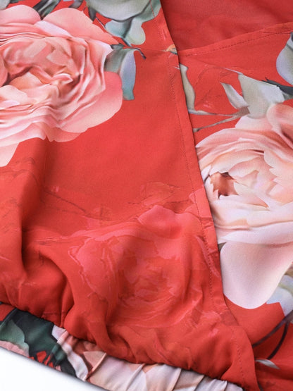 Women's Red Floral Pleated Sleeve Wrap Top