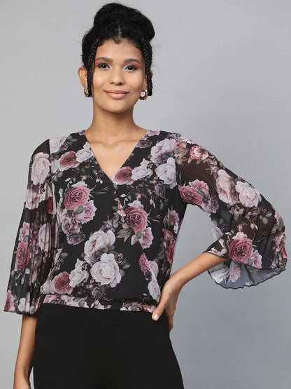 Women's Black Floral Pleated Sleeve Wrap Top