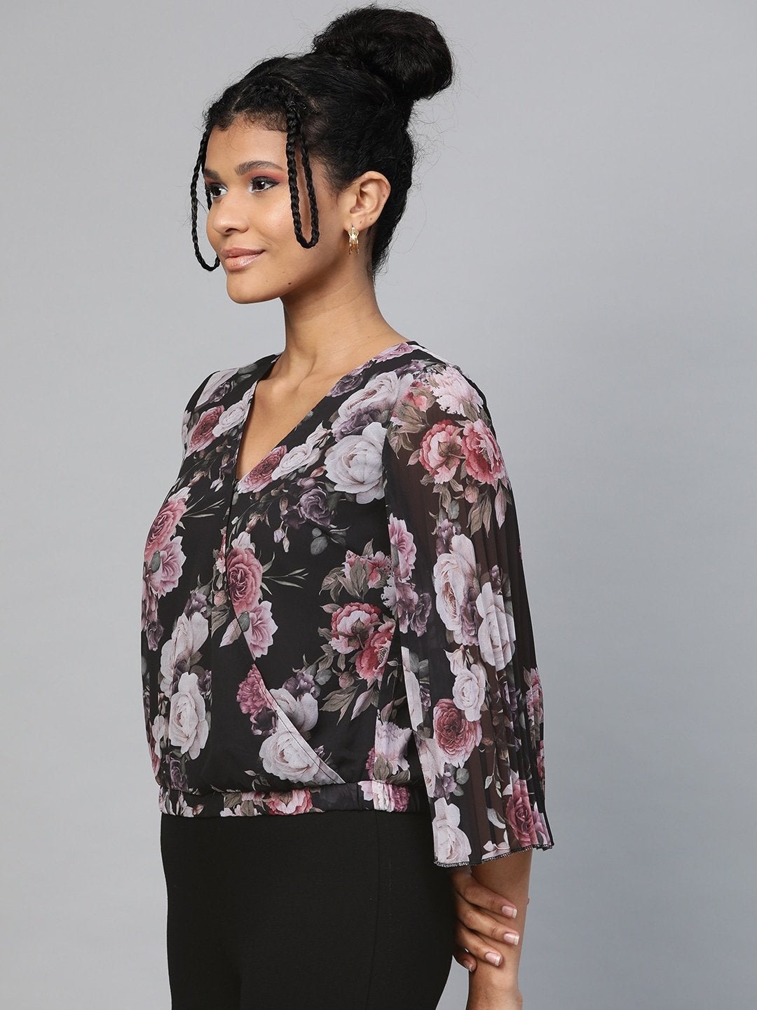Women's Black Floral Pleated Sleeve Wrap Top