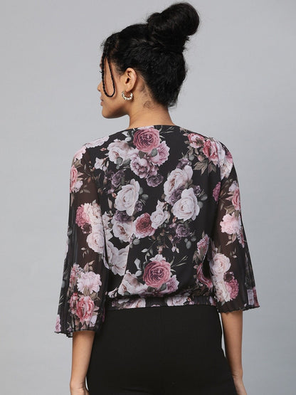 Women's Black Floral Pleated Sleeve Wrap Top