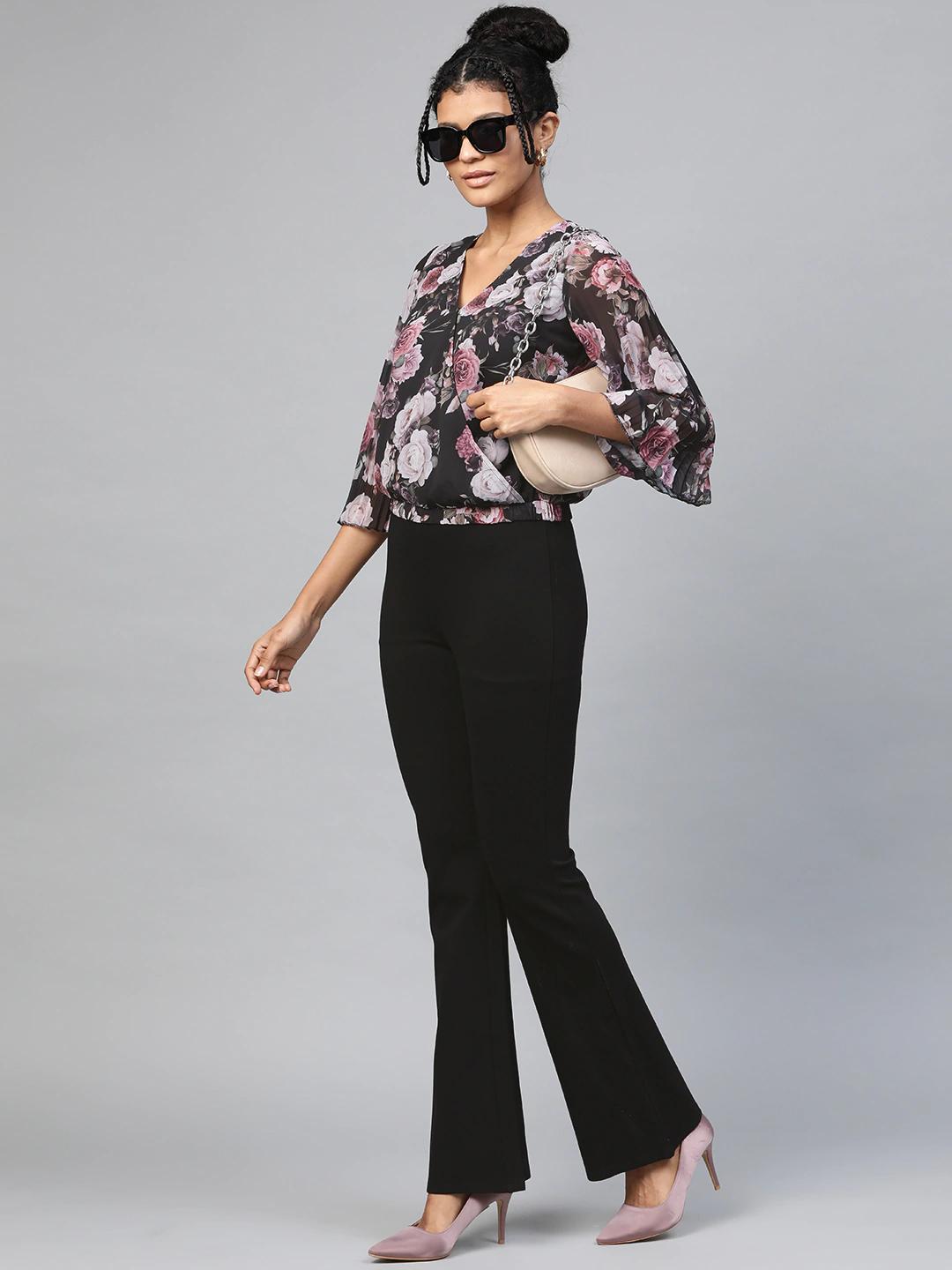 Women's Black Floral Pleated Sleeve Wrap Top