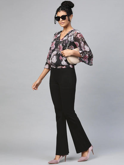 Women's Black Floral Pleated Sleeve Wrap Top
