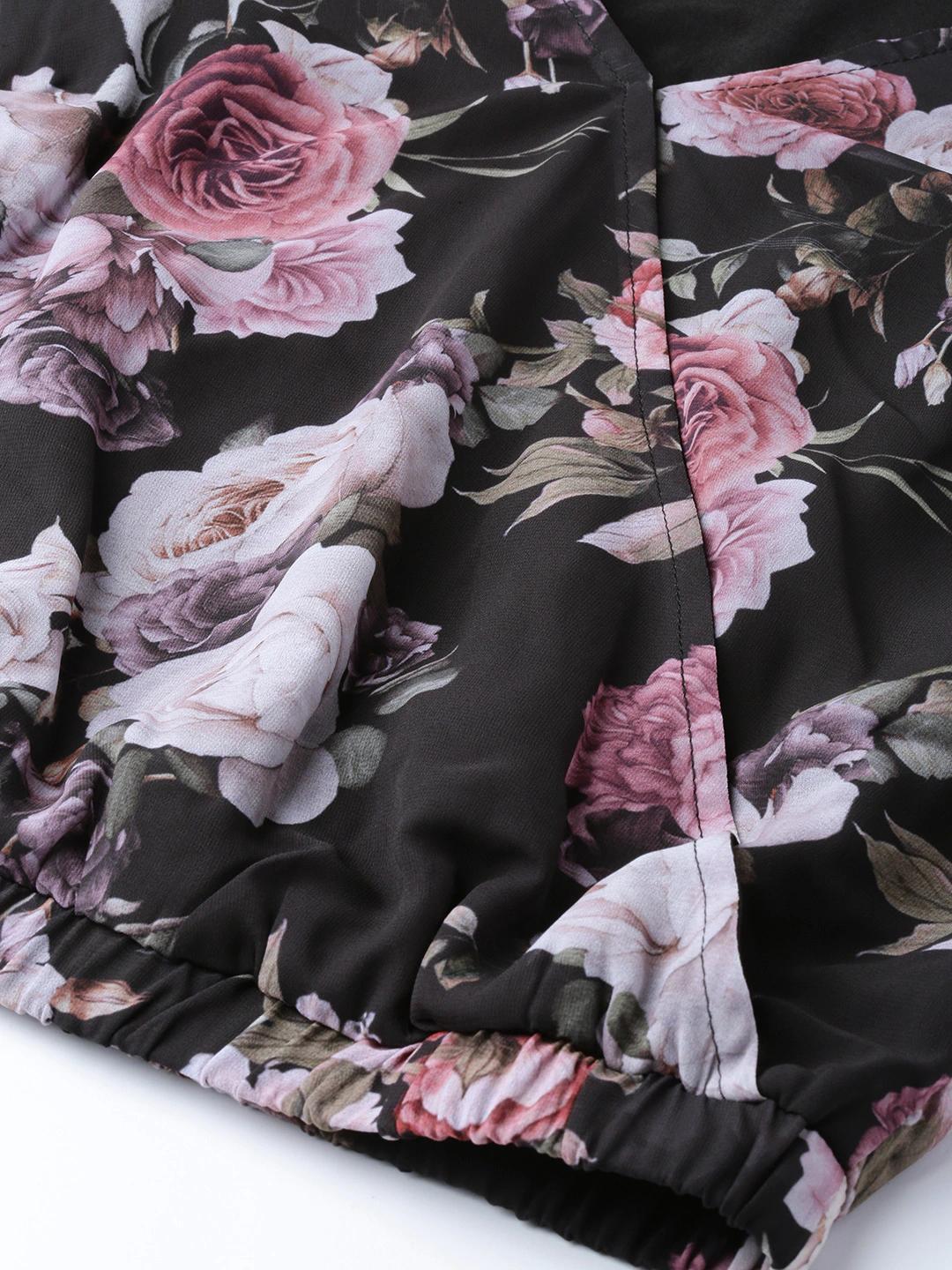 Women's Black Floral Pleated Sleeve Wrap Top