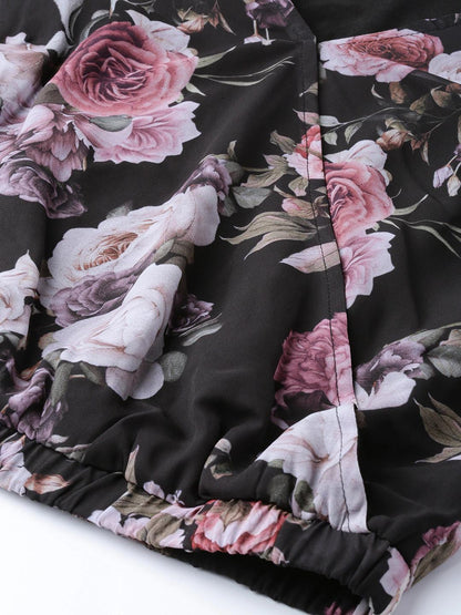 Women's Black Floral Pleated Sleeve Wrap Top