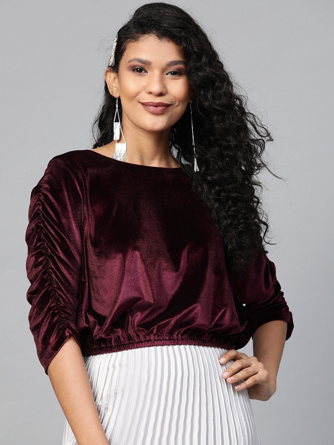 Women's Burgundy Velvet Rouched Sleeve Top