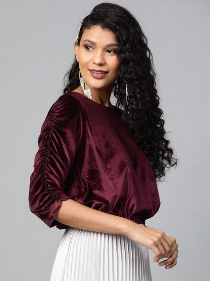 Women's Burgundy Velvet Rouched Sleeve Top