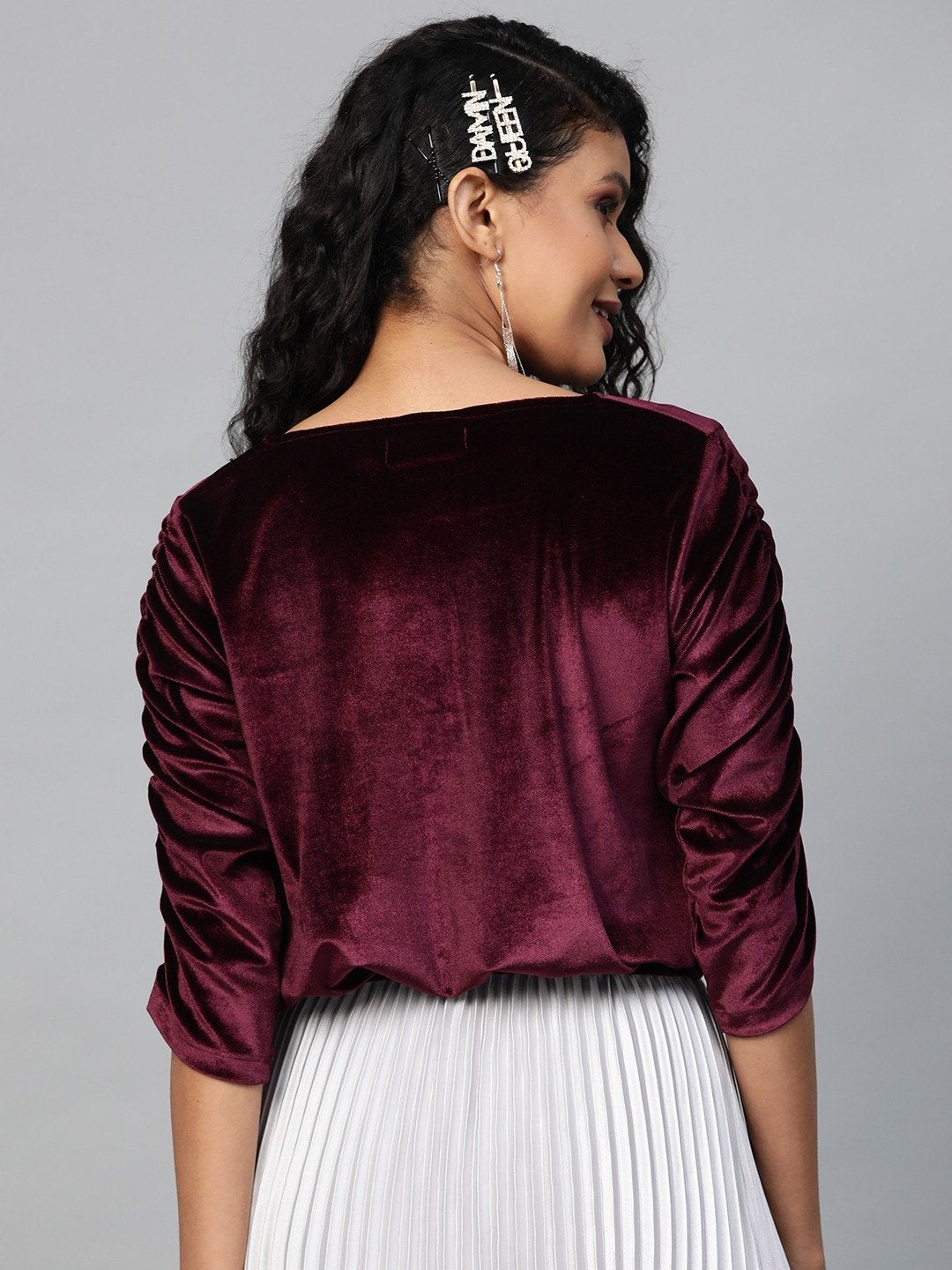 Women's Burgundy Velvet Rouched Sleeve Top