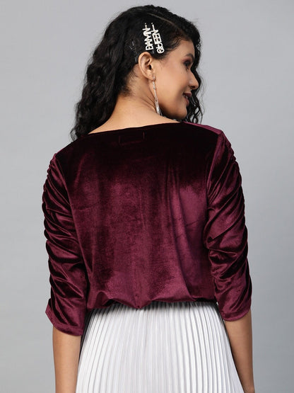 Women's Burgundy Velvet Rouched Sleeve Top